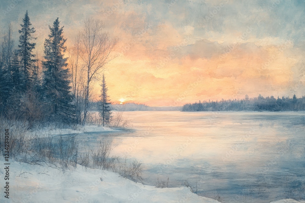 Aufkleber Sunrise over a serene winter lake surrounded by evergreen trees and soft snow