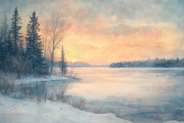 Fototapeta premium Sunrise over a serene winter lake surrounded by evergreen trees and soft snow