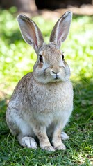 Fototapeta premium HD Phone Wallpaper Adorable Grey Rabbit Sitting in Lush Green Grass Wildlife Nature Photography
