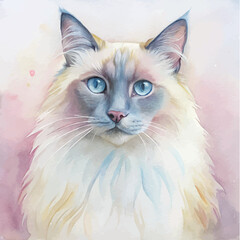 Ragdoll cat painted in soft, flowing watercolor strokes with delicate features and bright eyes