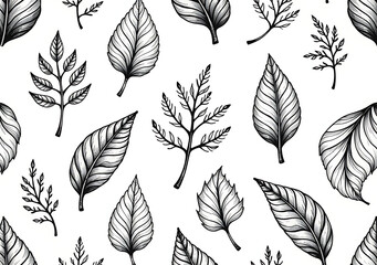 leaves create seamless black white art pattern ink drawings