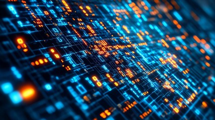 Obraz premium Abstract Digital Circuitry: Glowing Binary Code Stream