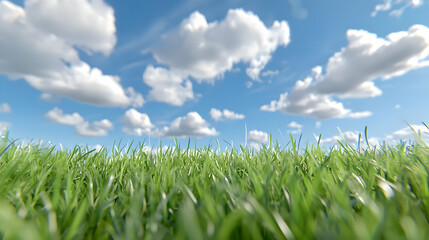 Fototapeta premium Green grass field under a bright summer sky