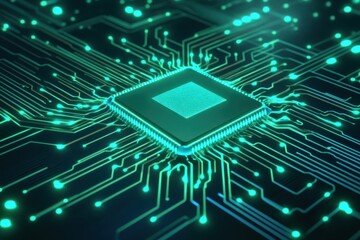 Microchip at center of green circuit board with radiating energy lines