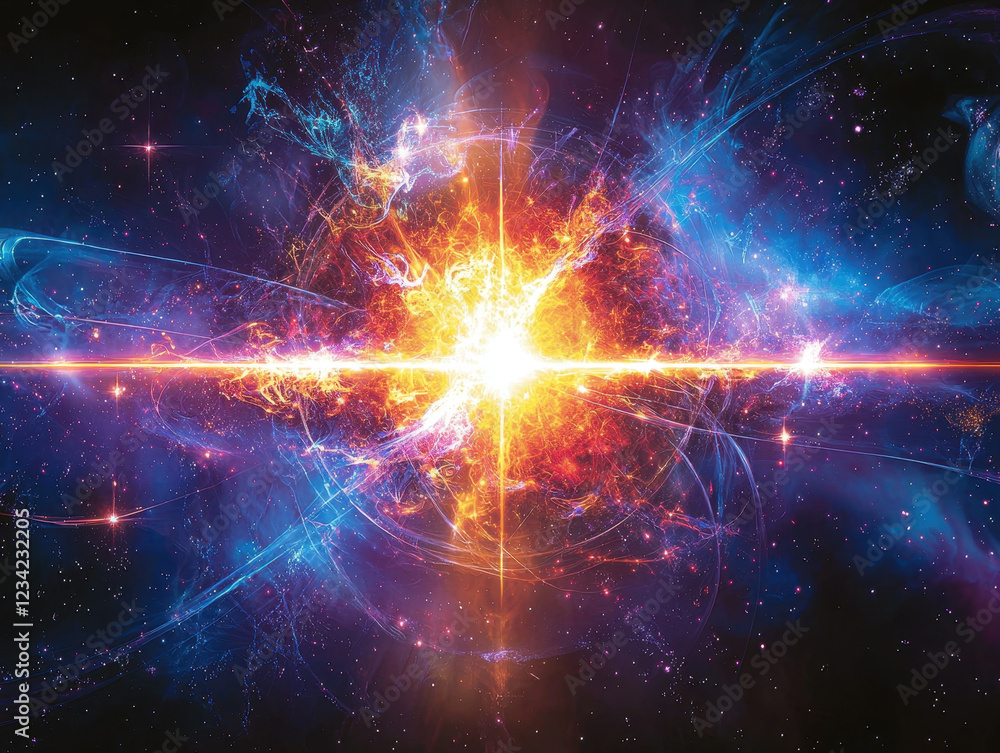 Aufkleber breathtaking artistic representation of nuclear fusion ignition with merging atoms creating a radian