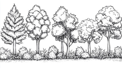 Hand Drawn Trees Forest Nature Sketch Woodland Graphic Illustration Black and White Landscape