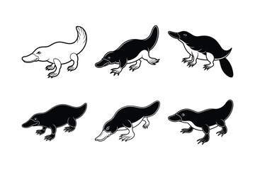 Platypus (Ornithorhynchus anatinus) animal design, labeled line art vector art illustration.