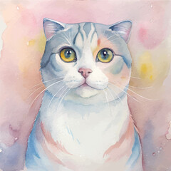 Scottish Fold cat painted in soft, flowing watercolor strokes with round features and large eyes