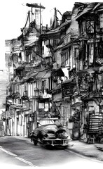 Vintage Ink Abstract city street with old stone buildings in Paris, featuring ancient architecture and urban landmarks