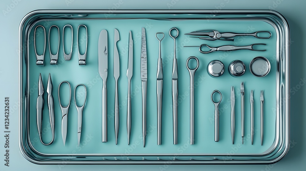Poster surgical tray with neatly arranged instruments forceps and scissors set on a minimalist background e
