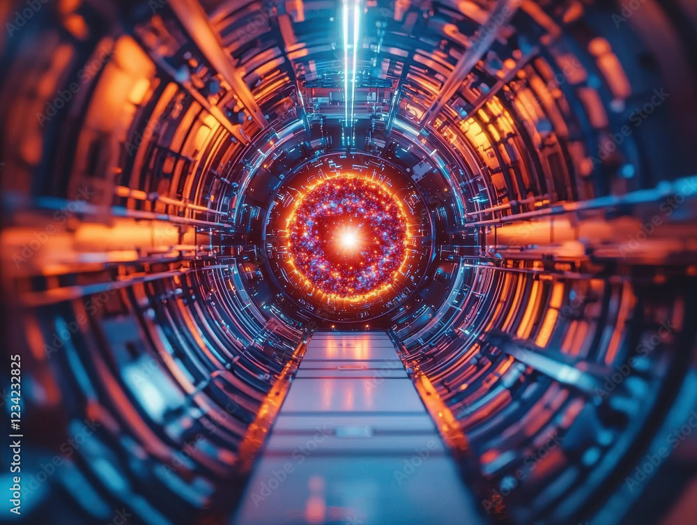 Poster high-energy particle collider experiment generating dark matter with a glowing energy vortex in a fu