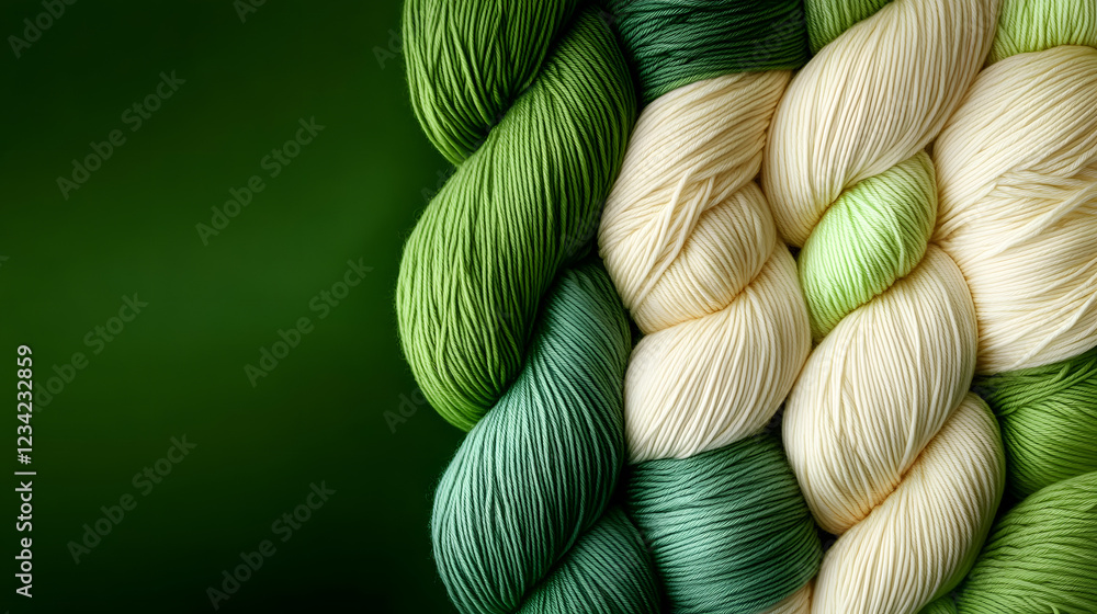 Poster artistic arrangements of green and cream yarn create an elegant pattern on a gradient background, ev