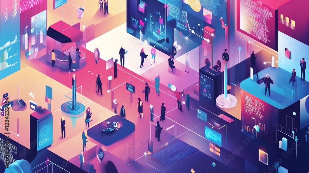 Poster isometric view of a technology convention with people interacting with displays and digital interfac