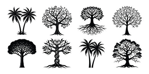 Fototapeta premium Tree silhouette set. Various trees vector illustration on white background