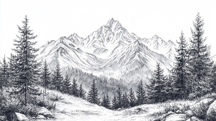 Majestic Mountain Peak Coniferous Forest Pencil Sketch Nature Landscape