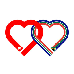 heart shaped ribbon of switzerland and south africa flags intertwined. vector illustration isolated on white background