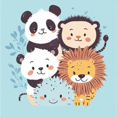 Cute animals group; panda, lion, hedgehog, background blue
