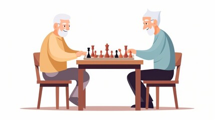 Cartoon of elderly friends playing chess at a table, highlighting companionship and strategy.