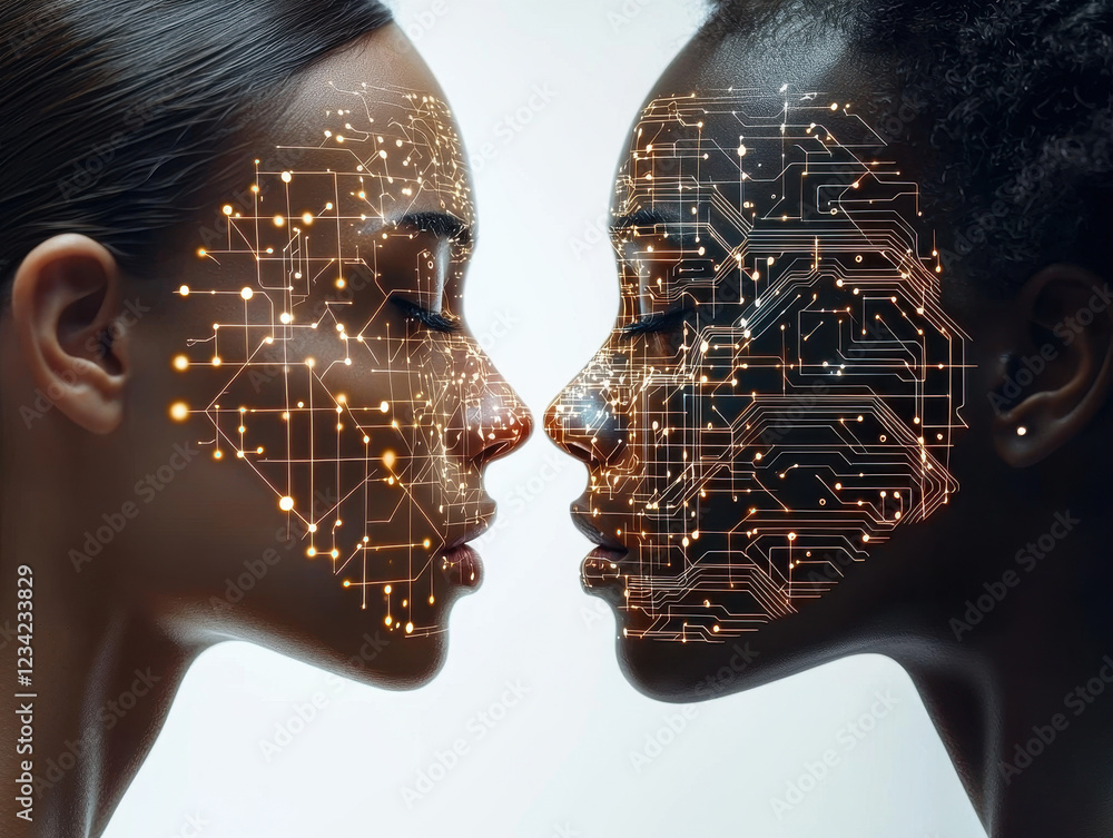 Poster merging humanity with artificial intelligence through holographic neural networks showcasing deep le