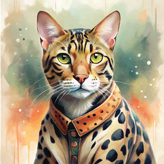Watercolor art showcasing a Bengal cat sleek build and stunning coat design
