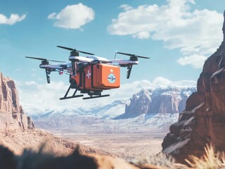 Drone delivers cargo over snowy mountains.