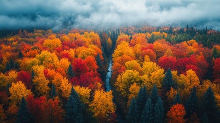 Autumnal Splendor: Aerial View of a Forest in Fall