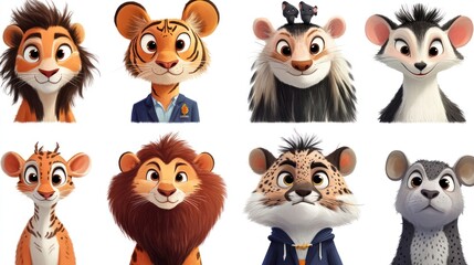 Animated animal characters, diverse poses, white background, children's media
