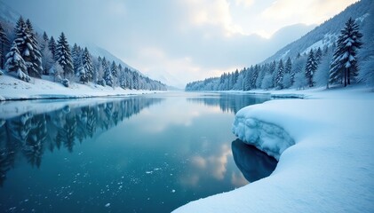 A frozen lake with glittering ice and snowflakes, , snowy landscape, winter scene