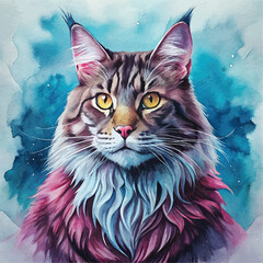 Watercolor art highlighting the Maine Coon cat’s friendly, affectionate personality