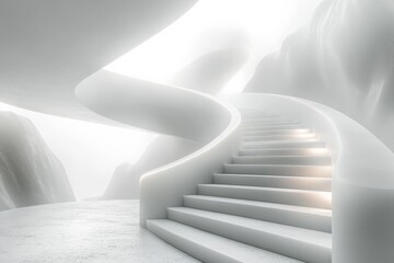 Naklejka premium Stunning spiraled staircase in a serene ethereal landscape featuring soft light and smooth white surfaces
