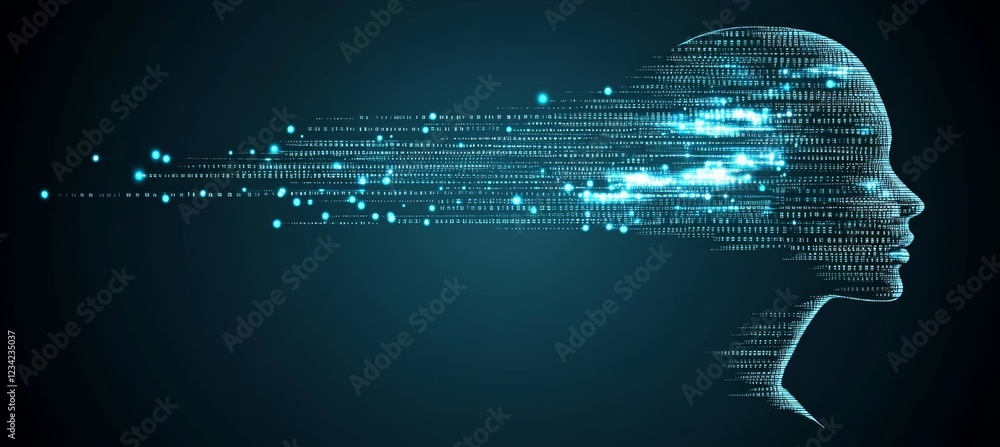 Poster abstract profile of a human head formed by binary code and circuitry on a blue background