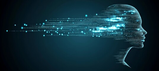 Abstract Profile of a Human Head Formed by Binary Code and Circuitry on a Blue Background
