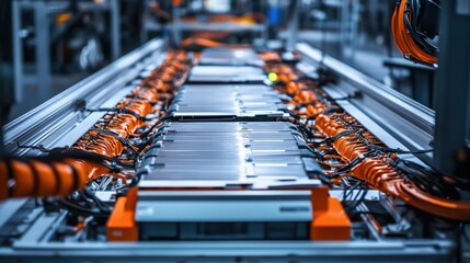 An assembly line producing electric vehicle batteries with robotic precision and safety measures