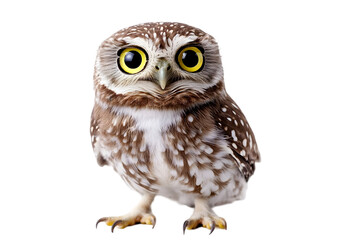 Naklejka premium A curious owl with large golden eyes, perched on a white surface. Transparent background