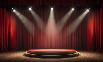An Illuminated Stage Complete with Vibrant Red Curtains and a Bright Spotlight Shining Down