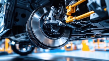 Fototapeta premium A close-up shot of a car's wheel and braking system, highlighting the metallic design and structure