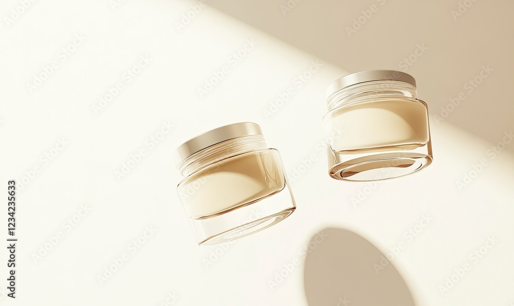 Poster a mockup of two cream jars floating in the air on an off-white background, with a minimal and clean 