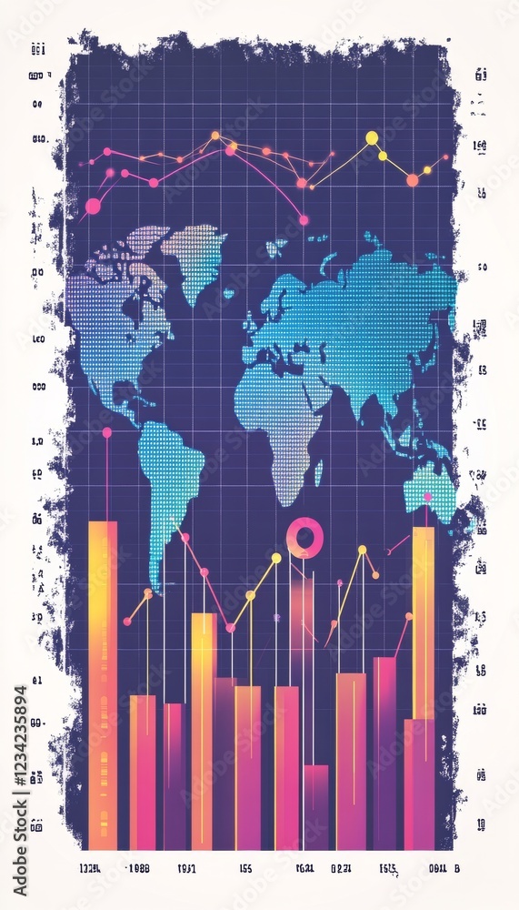 Poster global data analysis vibrant vector graphic of line graphs, metrics, and world map visualizations