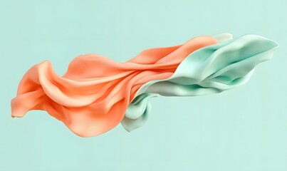 Fototapeta premium Flowing peach and mint fabric, studio shot, pastel background, design element