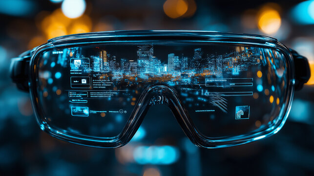 A close-up of futuristic smart glasses displaying a holographic user interface with notifications, navigation, and social media updates. The reflection of a high-tech cityscape can be seen in the lens
