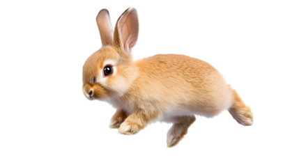 A playful baby rabbit hopping around, its soft fur and tiny paws visible. Transparent background


