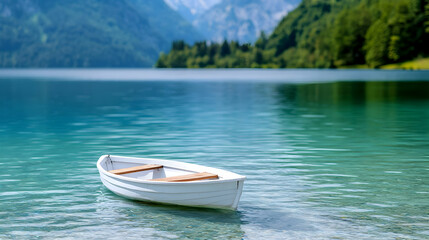 Naklejka premium Serene lake, white rowboat, mountain backdrop, summer calm