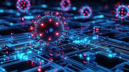 Obraz premium 3D illustration of the coronavirus floating over an intricate circuit board, with glowing blue and red nodes representing data flow and cybersecurity, dark background