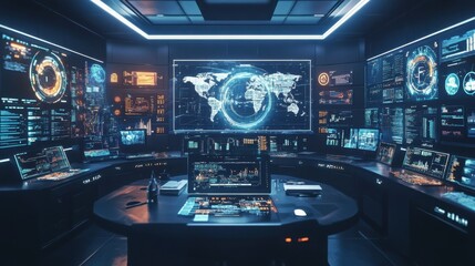 A futuristic workspace with holographic data analytics and reports.