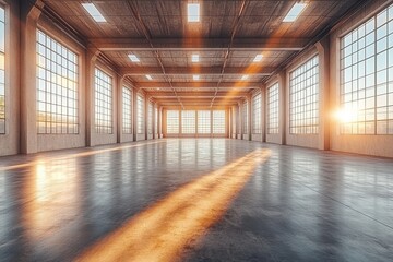 Spacious industrial interior with large windows and warm sunlight.