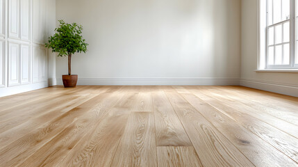 Light oak wood floor in bright room, plant, window. Home interior design