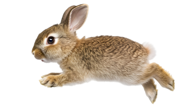 A playful baby rabbit hopping around, its soft fur and tiny paws visible. Transparent background


