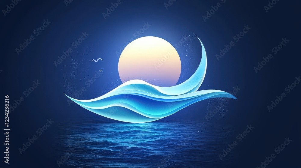 Poster a dynamic ocean shore logo that combines curves and natural elements to represent the power and tran