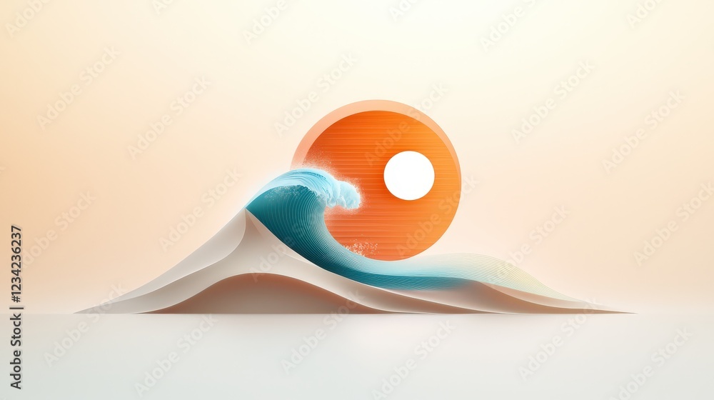 Poster a dynamic surf and sand icon featuring a wave curling over a sandy beach, created with geometric pre