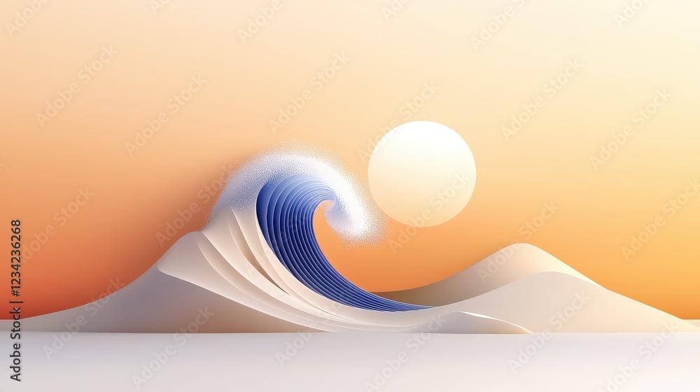 Poster a dynamic surf and sand icon featuring a wave curling over a sandy beach, created with geometric pre